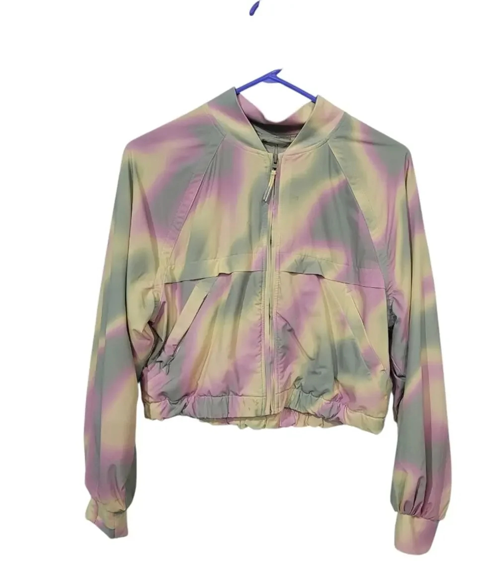 Athleta Girl SZ L Windbreaker Jacket Zip Pastel Tie Dye Lined Cropped Green Pink